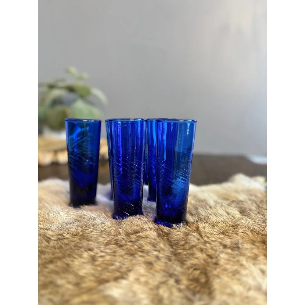 Cobalt blue glass Hand Blown‎ double Shot Liqueur Glass Base Vintage barware